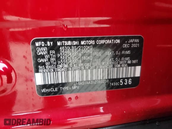 ✅ 2022 Mitsubishi Eclipse Cross LE • VIN: JA4ASVAA3NZ060208 • Lot: 62894634. Listed on Copart with 74,139 mi. Free auction sales archive from the USA and detailed vehicle history report at DreamBid. Image 16.