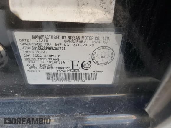 ✅ 2019 Nissan Note SV • VIN: 3N1CE2CP9KL357124 • Lot: 87260675. Listed on Copart with 75,288 mi. Free auction sales archive from the USA and detailed vehicle history report at DreamBid. Image 13.