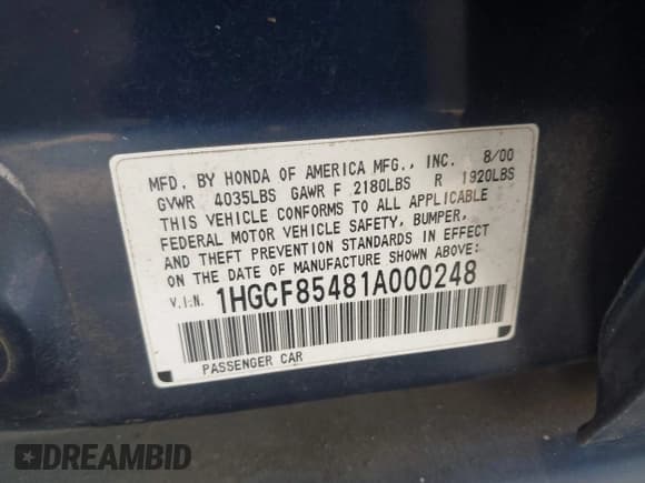 ✅ 2001 Honda Accord DX • VIN: 1HGCF85481A000248 • Lot: 43774391. Wystawiony na IAAI z przebiegiem 55 585 mil. Bezpłatny archiwum sprzedaży aukcyjnych z USA i szczegółowy raport historii pojazdu na DreamBid. Zdjęcie 9.