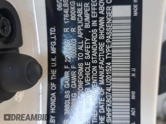 ✅ 2020 Honda Civic Type R Touring • VIN: SHHFK8G74LU201524 • Lot: 53450055. Listed on Copart with 78,241 mi. Free auction sales archive from the USA and detailed vehicle history report at DreamBid. Image 12.