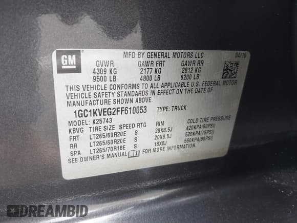 ✅ 2015 Chevrolet Silverado 2500HD LT • VIN: 1GC1KVEG2FF610053 • Lot: 43469299. Listed on IAAI with 173,702 mi. Free auction sales archive from the USA and detailed vehicle history report at DreamBid. Image 9.