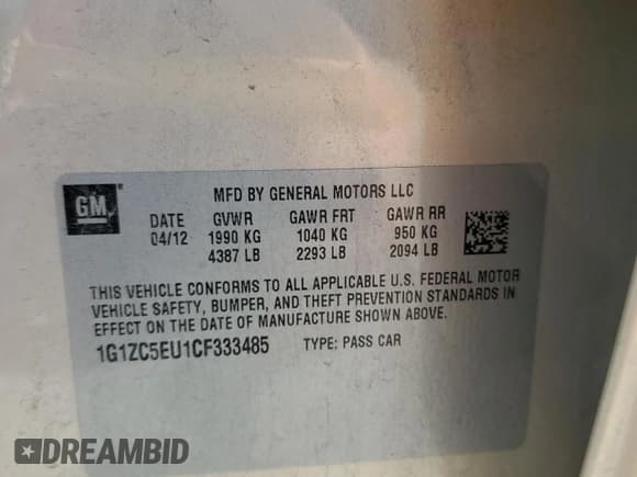 ✅ 2012 Chevrolet Malibu 1LT • VIN: 1G1ZC5EU1CF333485 • Lot: 77432644. Listed on Copart with 65,262 mi. Free auction sales archive from the USA and detailed vehicle history report at DreamBid. Image 14.