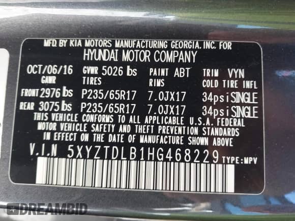 2017 Hyundai Santa Fe 2.4L z VIN 5XYZTDLB1HG468229, wystawiony jako IAAI lot #43426246 z przebiegiem 282 283 mil mil oraz . Historia ofert i sprzedaży dostępna na DreamBid. Obrazek 9.