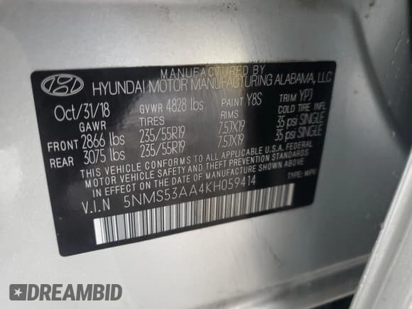 ✅ 2019 Hyundai Santa Fe Limited • VIN: 5NMS53AA4KH059414 • Lot: 59966624. Wystawiony na Copart z przebiegiem 44 553 mil. Bezpłatny archiwum sprzedaży aukcyjnych z USA i szczegółowy raport historii pojazdu na DreamBid. Zdjęcie 16.