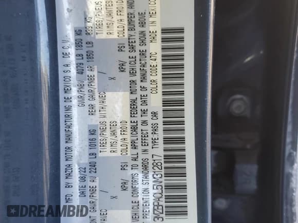 ✅ 2022 Mazda 3 Carbon Edition • VIN: 3MZBPACL5NM312817 • Lot: 45314185. Listed on Copart with 37,279 mi. Free auction sales archive from the USA and detailed vehicle history report at DreamBid. Image 12.