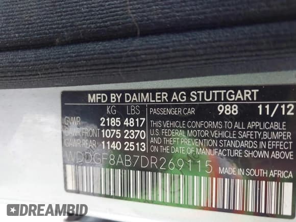 ✅ 2013 Mercedes-Benz C 300 Sport • VIN: WDDGF8AB7DR269115 • Lot: 43566732. Listed on IAAI with 160,735 mi. Free auction sales archive from the USA and detailed vehicle history report at DreamBid. Image 9.