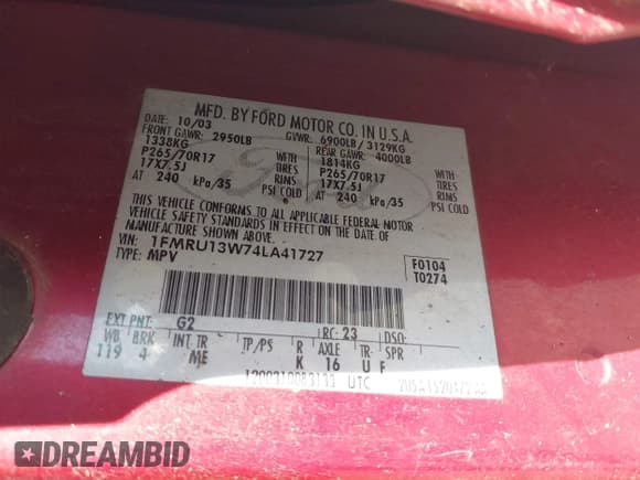 ✅ 2004 Ford Expedition XLS • VIN: 1FMRU13W74LA41727 • Lot: 41823406. Listed on IAAI with 276,425 mi. Free auction sales archive from the USA and detailed vehicle history report at DreamBid. Image 9.