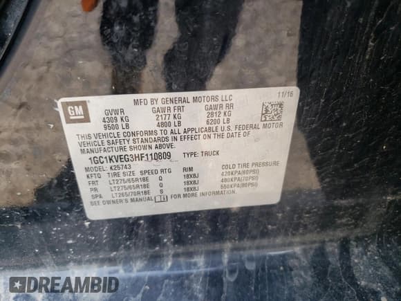 ✅ 2017 Chevrolet Silverado 2500HD LT • VIN: 1GC1KVEG3HF110809 • Lot: 60351175. Listed on Copart with 69,744 mi. Free auction sales archive from the USA and detailed vehicle history report at DreamBid. Image 12.