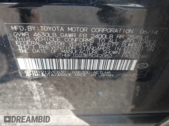 ✅ 2014 Lexus IS 250 • VIN: JTHBF1D23E5042082 • Lot: 41776597. Listed on IAAI with 133,895 mi. Free auction sales archive from the USA and detailed vehicle history report at DreamBid. Image 9.