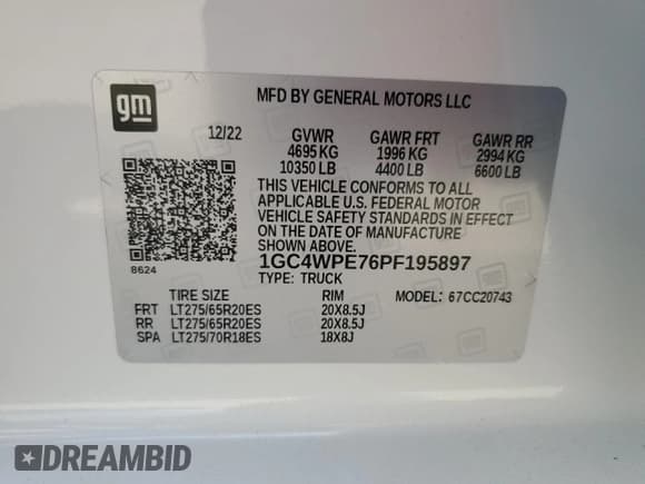 ✅ 2023 Chevrolet Silverado 1500 • VIN: 1GC4WPE76PF195897 • Лот: 48695735. Опубликован ранее на Copart с пробегом 68 207 миль. Бесплатный доступ к архиву аукционных продаж из США и подробный отчёт об истории автомобиля на DreamBid. Изображение 12.