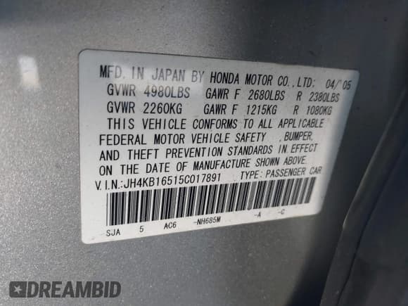 ✅ 2005 Acura RL • VIN: JH4KB16515C017891 • Lot: 43488037. Listed on IAAI with 215,611 mi. Free auction sales archive from the USA and detailed vehicle history report at DreamBid. Image 9.