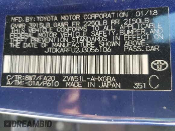 ✅ 2018 Toyota Prius Four • VIN: JTDKARFU2J3056106 • Lot: 84710295. Listed on Copart with 131,148 mi. Free auction sales archive from the USA and detailed vehicle history report at DreamBid. Image 13.