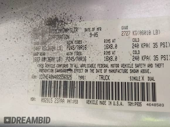 2006 Dodge Dakota SLT with VIN 1D7HE48N46S556925, listed as a IAAI auction lot 41169757 with 158,667 mi miles and . Bid and sale history available at DreamBid. Image 9.