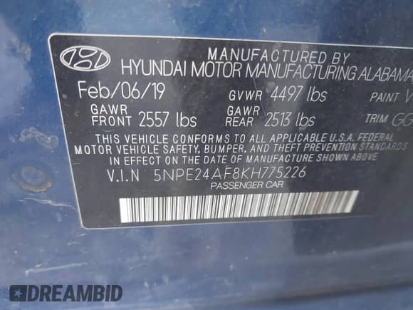 2019 Hyundai Sonata SE z VIN 5NPE24AF8KH775226, wystawiony jako IAAI lot #43184656 z przebiegiem 127 848 mil mil oraz . Historia ofert i sprzedaży dostępna na DreamBid. Obrazek 9.