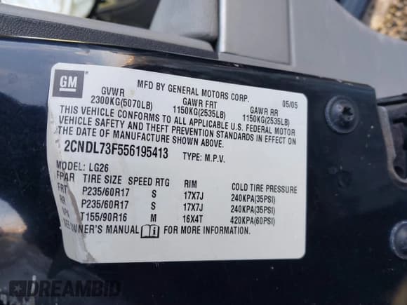 ✅ 2005 Chevrolet Equinox LT • VIN: 2CNDL73F556195413 • Лот: 41612822. Опубликован ранее на IAAI с пробегом 209 058 миль. Бесплатный доступ к архиву аукционных продаж из США и подробный отчёт об истории автомобиля на DreamBid. Изображение 9.