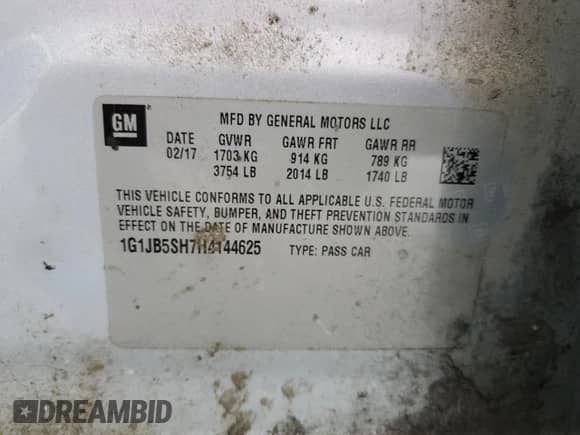 2017 Chevrolet Sonic LS с VIN 1G1JB5SH7H4144625, выставлен на аукционе Copart как лот 73180944 с пробегом 64 174 миль миль и На запчасти • Non repairable. История ставок и продаж доступна на DreamBid. Изображение 12.