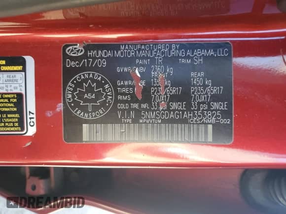 2010 Hyundai Santa Fe GL with VIN 5NMSGDAG1AH353825, listed as a Copart auction lot 80649025 with 244,133 mi miles and Clean title. Bid and sale history available at DreamBid. Image 13.