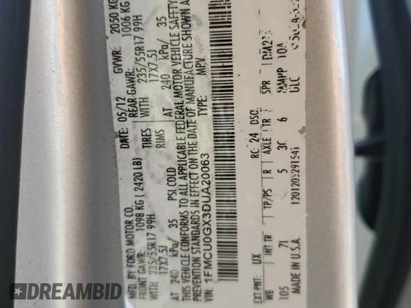 ✅ 2013 Ford Escape SE • VIN: 1FMCU0GX3DUA20063 • Лот: 91301025. Опубликован ранее на Copart с пробегом Не указан. Бесплатный доступ к архиву аукционных продаж из США и подробный отчёт об истории автомобиля на DreamBid. Изображение 13.