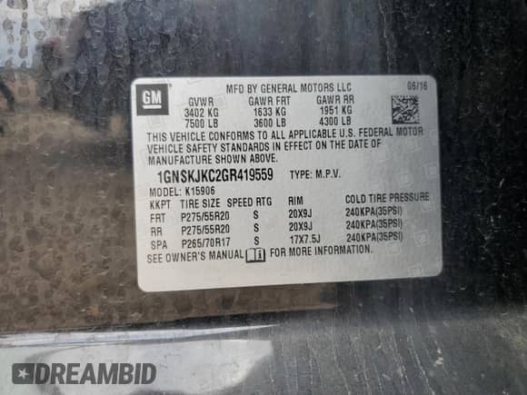 2016 Chevrolet Suburban LTZ z VIN 1GNSKJKC2GR419559, wystawiony jako Copart lot #70398904 z przebiegiem 95 119 mil mil oraz Szkoda całkowita • Salvage title. Historia ofert i sprzedaży dostępna na DreamBid. Obrazek 15.