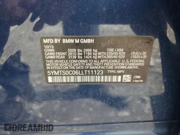 ✅ 2020 BMW X3 M Competition • VIN: 5YMTS0C06LLT11123 • Lot: 52618735. Listed on Copart with 58,783 mi. Free auction sales archive from the USA and detailed vehicle history report at DreamBid. Image 13.