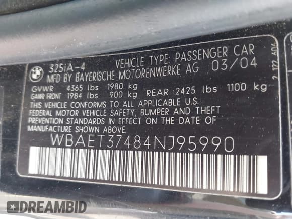 ✅ 2004 BMW 3 Series 325i • VIN: WBAET37484NJ95990 • Lot: 42779657. Listed on IAAI with 188,022 mi. Free auction sales archive from the USA and detailed vehicle history report at DreamBid. Image 9.