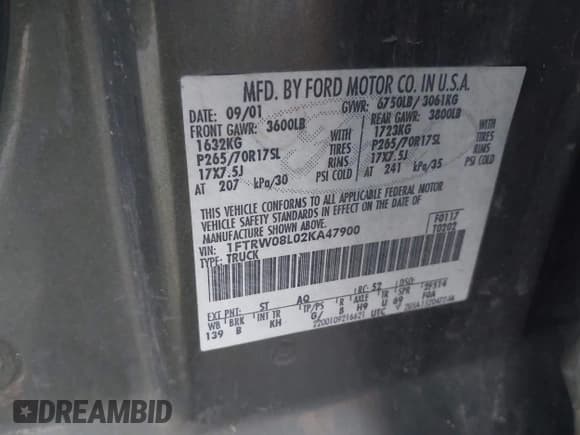 ✅ 2002 Ford F-150 XLT • VIN: 1FTRW08L02KA47900 • Lot: 43448375. Listed on IAAI with Not provided. Free auction sales archive from the USA and detailed vehicle history report at DreamBid. Image 9.