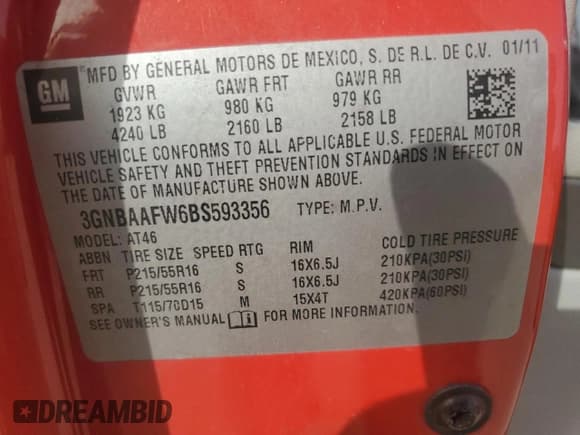 ✅ 2011 Chevrolet HHR LS • VIN: 3GNBAAFW6BS593356 • Lot: 48252985. Listed on Copart with 175,252 mi. Free auction sales archive from the USA and detailed vehicle history report at DreamBid. Image 13.