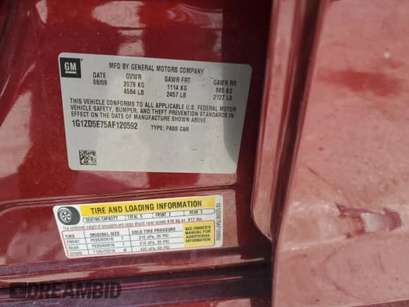 ✅ 2010 Chevrolet Malibu 2LT • VIN: 1G1ZD5E75AF120592 • Lot: 59922754. Listed on Copart with 57,375 mi. Free auction sales archive from the USA and detailed vehicle history report at DreamBid. Image 12.