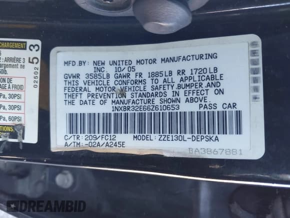 ✅ 2006 Toyota Corolla CE • VIN: 1NXBR32E66Z610653 • Lot: 43396014. Wystawiony na IAAI z przebiegiem 158 869 mil. Bezpłatny archiwum sprzedaży aukcyjnych z USA i szczegółowy raport historii pojazdu na DreamBid. Zdjęcie 9.