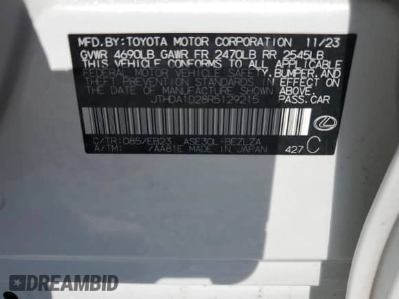 2024 Lexus IS 300 z VIN JTHDA1D28R5129215, wystawiony jako Copart lot #67107185 z przebiegiem 4 359 mil mil oraz Szkoda całkowita • Salvage title. Historia ofert i sprzedaży dostępna na DreamBid. Obrazek 13.