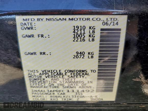 ✅ 2015 Nissan Altima SL • VIN: 1N4AL3AP0FC111492 • Lot: 91649275. Listed on Copart with 249,390 mi. Free auction sales archive from the USA and detailed vehicle history report at DreamBid. Image 13.