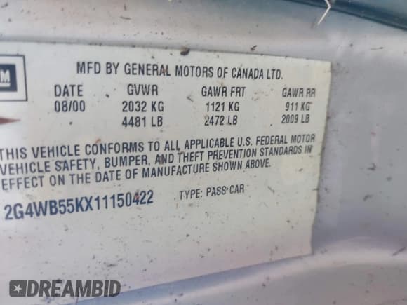 ✅ 2001 Buick Regal LS • VIN: 2G4WB55KX11150422 • Lot: 43320581. Listed on IAAI with Not provided. Free auction sales archive from the USA and detailed vehicle history report at DreamBid. Image 9.