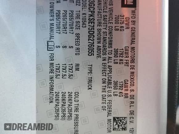 2013 Chevrolet Silverado 1500 LT z VIN 3GCPKSE75DG276055, wystawiony jako Copart lot #80181455 z przebiegiem 127 961 mil mil oraz Szkoda całkowita • Salvage title. Historia ofert i sprzedaży dostępna na DreamBid. Obrazek 13.