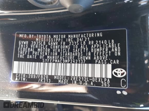 ✅ 2021 Toyota Corolla LE • VIN: 5YFEPMAE9MP242137 • Lot: 43702103. Listed on IAAI with 98,625 mi. Free auction sales archive from the USA and detailed vehicle history report at DreamBid. Image 9.