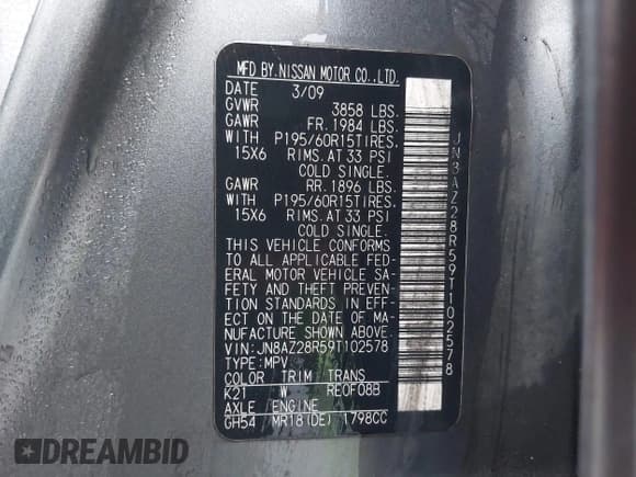 ✅ 2009 Nissan Cube SL • VIN: JN8AZ28R59T102578 • Лот: 43787760. Опубликован ранее на IAAI с пробегом 111 385 миль. Бесплатный доступ к архиву аукционных продаж из США и подробный отчёт об истории автомобиля на DreamBid. Изображение 9.