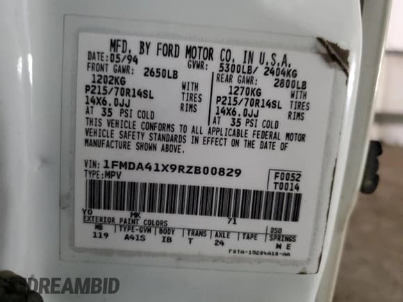 ✅ 1994 Ford Aerostar Eddie Bauer • VIN: 1FMDA41X9RZB00829 • Lot: 70244814. Listed on Copart with 170,071 mi. Free auction sales archive from the USA and detailed vehicle history report at DreamBid. Image 15.