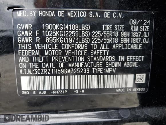 ✅ 2025 Honda HR-V Sport • VIN: 3CZRZ1H59SM725299 • Lot: 70713505. Listed on Copart with 8,605 mi. Free auction sales archive from the USA and detailed vehicle history report at DreamBid. Image 12.