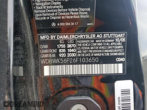 ✅ 2006 Mercedes-Benz SLK 350 • VIN: WDBWK56F26F103650 • Lot: 45700835. Listed on Copart with 120,165 mi. Free auction sales archive from the USA and detailed vehicle history report at DreamBid. Image 12.