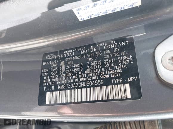 2017 Hyundai Tucson Sport with VIN KM8J33A20HU504559, listed as a IAAI auction lot 42003765 with 139,767 mi miles and . Bid and sale history available at DreamBid. Image 9.