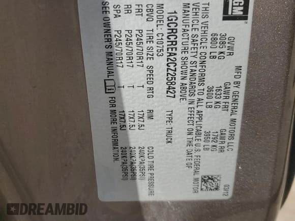 ✅ 2012 Chevrolet Silverado 1500 LS • VIN: 1GCRCREA2CZ258427 • Lot: 68815734. Listed on Copart with 113,911 mi. Free auction sales archive from the USA and detailed vehicle history report at DreamBid. Image 12.