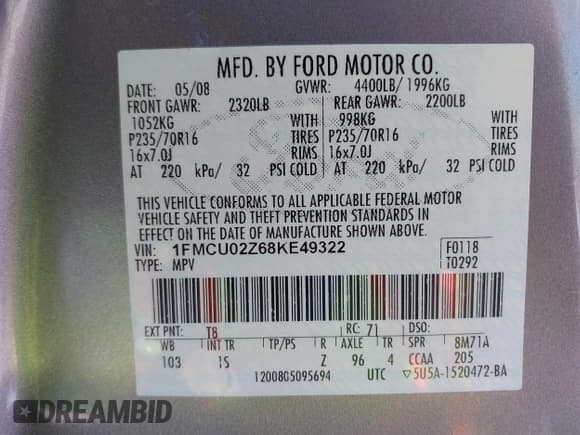 ✅ 2008 Ford Escape XLS • VIN: 1FMCU02Z68KE49322 • Lot: 42818502. Listed on IAAI with 154,099 mi. Free auction sales archive from the USA and detailed vehicle history report at DreamBid. Image 9.