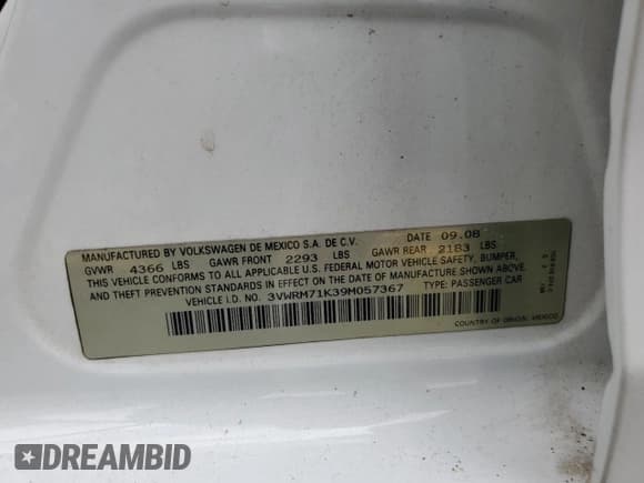 ✅ 2009 Volkswagen Jetta SE • VIN: 3VWRM71K39M057367 • Lot: 58745235. Listed on Copart with 130,647 mi. Free auction sales archive from the USA and detailed vehicle history report at DreamBid. Image 13.