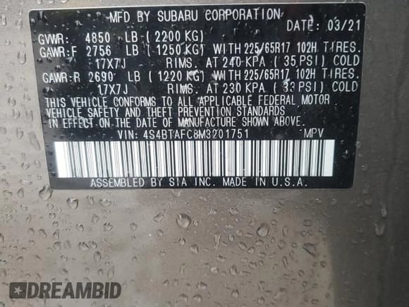 ✅ 2021 Subaru Outback Premium • VIN: 4S4BTAFC8M3201751 • Lot: 82650045. Listed on Copart with 57,649 mi. Free auction sales archive from the USA and detailed vehicle history report at DreamBid. Image 13.