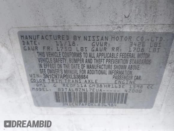 ✅ 2019 Nissan Versa SV • VIN: 3N1CN7AP0KL836984 • Lot: 43636931. Listed on IAAI with 142,667 mi. Free auction sales archive from the USA and detailed vehicle history report at DreamBid. Image 9.