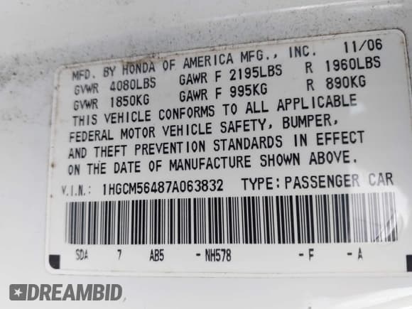 ✅ 2007 Honda Accord LX • VIN: 1HGCM56487A063832 • Lot: 43722318. Listed on IAAI with 149,433 mi. Free auction sales archive from the USA and detailed vehicle history report at DreamBid. Image 9.