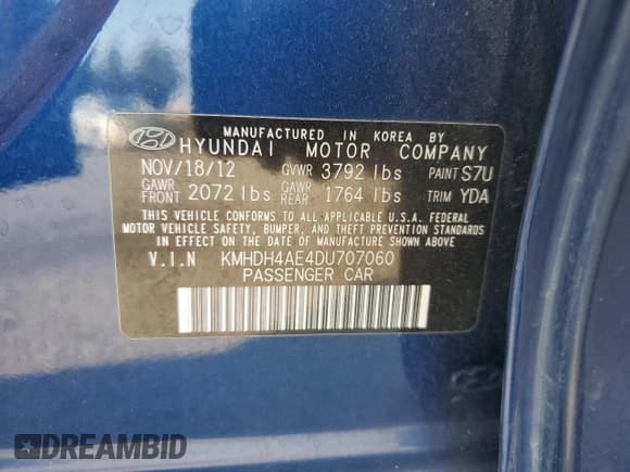 ✅ 2013 Hyundai Elantra Limited • VIN: KMHDH4AE4DU707060 • Lot: 65143745. Listed on Copart with 96,025 mi. Free auction sales archive from the USA and detailed vehicle history report at DreamBid. Image 12.
