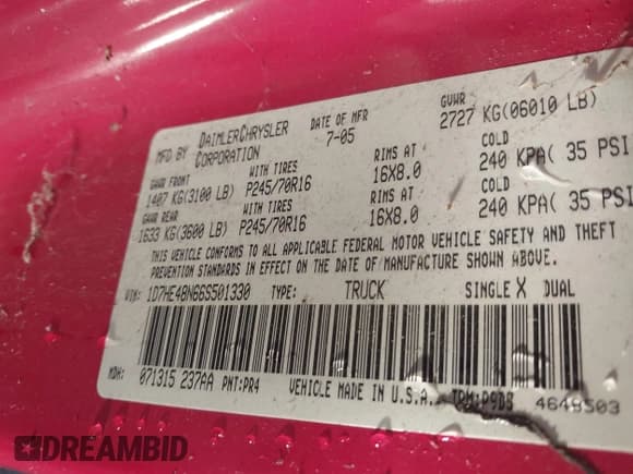 ✅ 2006 Dodge Dakota SLT • VIN: 1D7HE48N66S501330 • Lot: 43688359. Listed on IAAI with 199,726 mi. Free auction sales archive from the USA and detailed vehicle history report at DreamBid. Image 9.