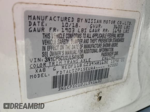 ✅ 2018 Nissan Kicks SV • VIN: 3N1CP5CU2JL541630 • Лот: 71068995. Опубликован ранее на Copart с пробегом Не указан. Бесплатный доступ к архиву аукционных продаж из США и подробный отчёт об истории автомобиля на DreamBid. Изображение 13.