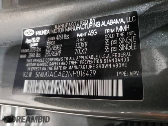 2022 Hyundai Tucson SE с VIN 5NMJACAE2NH016429, выставлен на аукционе Copart как лот 81952195 с пробегом 45 627 миль миль и Списание • Salvage title. История ставок и продаж доступна на DreamBid. Изображение 13.