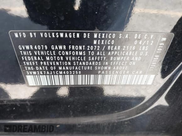 ✅ 2012 Volkswagen Jetta S • VIN: 3VW2K7AJ1CM403258 • Лот: 42287941. Опубликован ранее на IAAI с пробегом 143 087 миль. Бесплатный доступ к архиву аукционных продаж из США и подробный отчёт об истории автомобиля на DreamBid. Изображение 9.